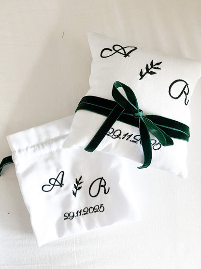 Pack Promesa Olivo: cojín porta alianzas + saquito para arras